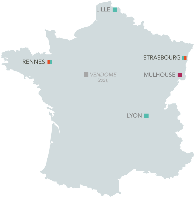 carte de France avec la localisation des agences UBISTA : Tribe, Cubeo et Needone